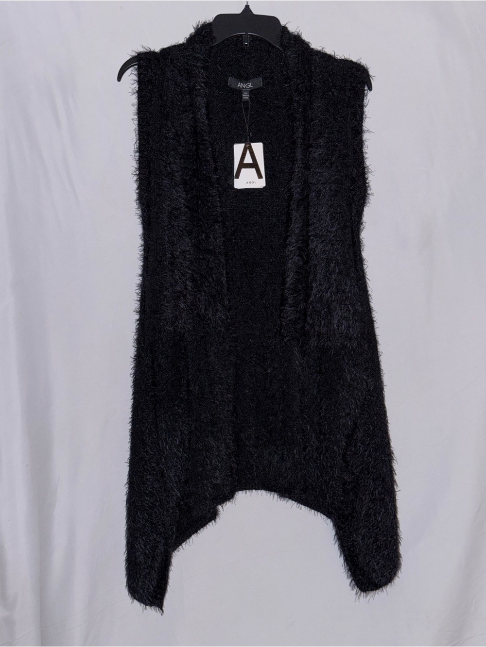NWT ANGL Jet Black Fuzzy Open-Front Knit Sweater Vest Size M/L
